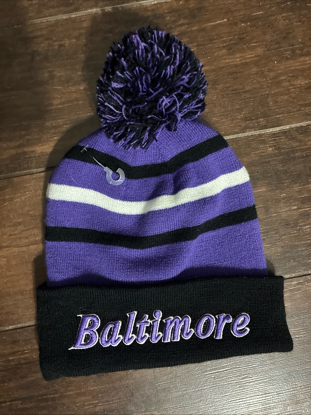 Preowned Baltimore Ravens Purple & Black Pom Knit Beanie. One size fits most